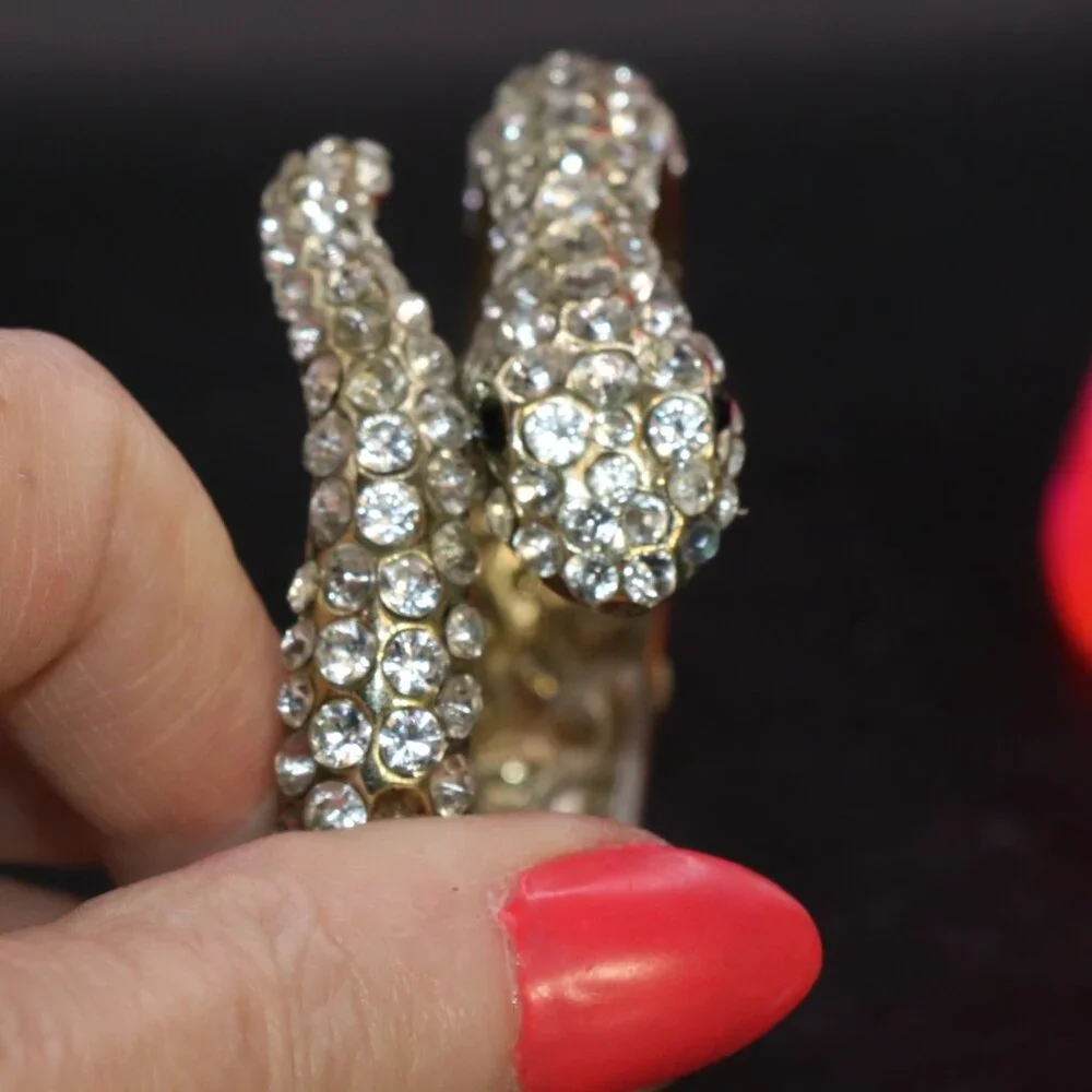 Silver Tone Rhinestone Studded Snake Bangle Bracelet - Picture 2 of 5